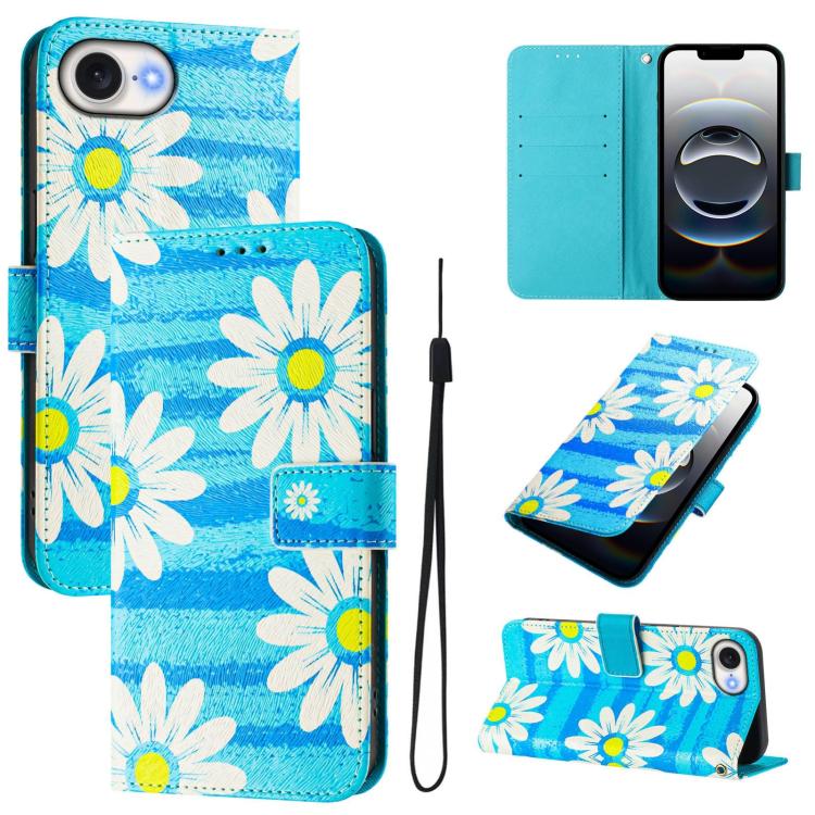 For iPhone 16e Art Colored Drawing Pattern Leather Phone Case(Blue daisy) - iPhone 16e Cases by PMC TechLife | Online Shopping South Africa | PMC TechLife | Buy Now Pay Later Mobicred