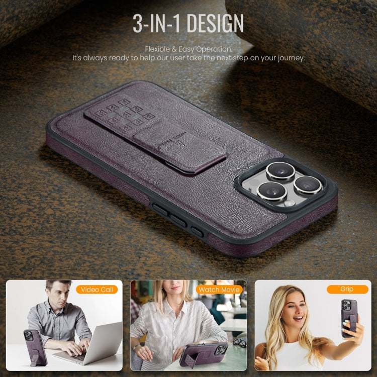 For iPhone 16 Pro Fierre Shann Oil Wax Cow Leather Holder Back Phone Case(Purple) - iPhone 16 Pro Cases by FIERRE SHANN | Online Shopping South Africa | PMC Jewellery | Buy Now Pay Later Mobicred