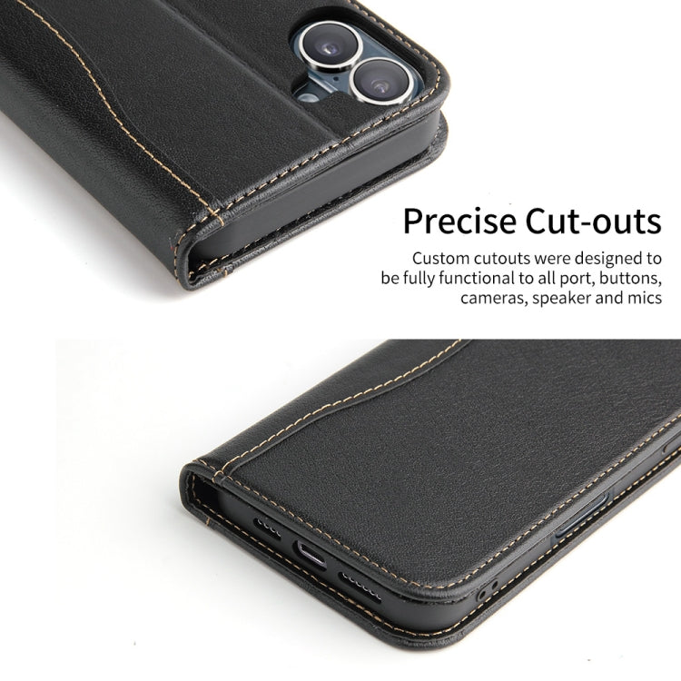 For iPhone 16 Fierre Shann Cowhide Leather Flip Leather Phone Case(Black) - iPhone 16 Cases by FIERRE SHANN | Online Shopping South Africa | PMC Jewellery | Buy Now Pay Later Mobicred