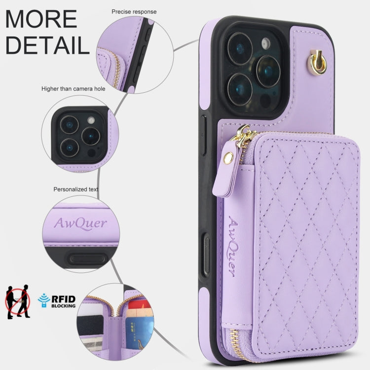 For iPhone 16 Pro Max AwQuer Crossbody Zipper Wallet Rhombic Leather Back Phone Case(Purple) - iPhone 16 Pro Max Cases by Awquer | Online Shopping South Africa | PMC Jewellery | Buy Now Pay Later Mobicred