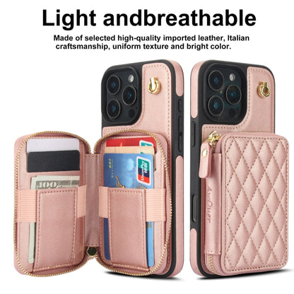 For iPhone 16 Pro AwQuer Crossbody Zipper Wallet Rhombic Leather Back Phone Case(Rose Gold) - iPhone 16 Pro Cases by Awquer | Online Shopping South Africa | PMC Jewellery | Buy Now Pay Later Mobicred