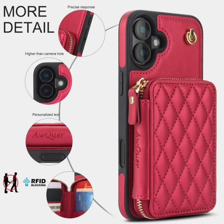 For iPhone 16 Plus AwQuer Crossbody Zipper Wallet Rhombic Leather Back Phone Case(Red) - iPhone 16 Plus Cases by Awquer | Online Shopping South Africa | PMC Jewellery | Buy Now Pay Later Mobicred