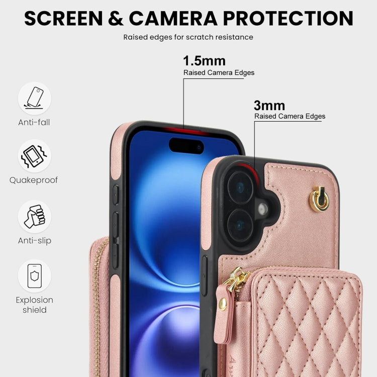 For iPhone 16 AwQuer Crossbody Zipper Wallet Rhombic Leather Back Phone Case(Rose Gold) - iPhone 16 Cases by Awquer | Online Shopping South Africa | PMC Jewellery | Buy Now Pay Later Mobicred