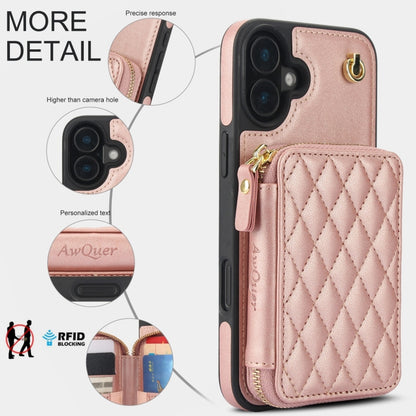 For iPhone 16 AwQuer Crossbody Zipper Wallet Rhombic Leather Back Phone Case(Rose Gold) - iPhone 16 Cases by Awquer | Online Shopping South Africa | PMC Jewellery | Buy Now Pay Later Mobicred