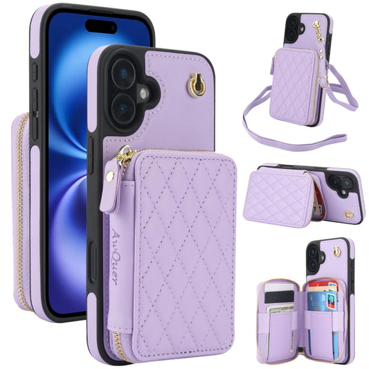 For iPhone 16 AwQuer Crossbody Zipper Wallet Rhombic Leather Back Phone Case(Purple) - iPhone 16 Cases by Awquer | Online Shopping South Africa | PMC Jewellery | Buy Now Pay Later Mobicred