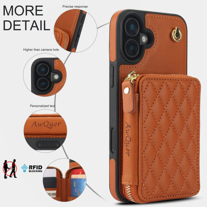 For iPhone 16 AwQuer Crossbody Zipper Wallet Rhombic Leather Back Phone Case(Brown) - iPhone 16 Cases by Awquer | Online Shopping South Africa | PMC Jewellery | Buy Now Pay Later Mobicred