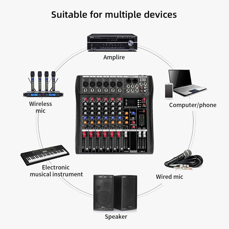 XTUGA CT60X 6-Channels Audio Mixer DJ Mixing Console with 48V Power Supply(US Plug) - Live Sound Effects Processors by XTUGA | Online Shopping South Africa | PMC TechLife | Buy Now Pay Later Mobicred