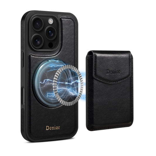 For iPhone 16 Pro Max Denior D22 Genuine Leather MagSafe Holder Detachable Card Slot Phone Case(Black) - iPhone 16 Pro Max Cases by Denior | Online Shopping South Africa | PMC Jewellery | Buy Now Pay Later Mobicred