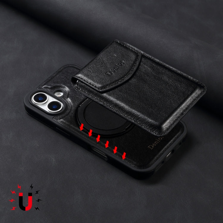 For iPhone 16 Denior D22 Genuine Leather MagSafe Holder Detachable Card Slot Phone Case(Black) - iPhone 16 Cases by Denior | Online Shopping South Africa | PMC Jewellery | Buy Now Pay Later Mobicred