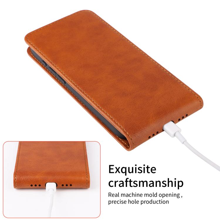 For iPhone 16e Magnetic Vertical Flip Leather Phone Case(Brown) - iPhone 16e Cases by PMC TechLife | Online Shopping South Africa | PMC TechLife | Buy Now Pay Later Mobicred
