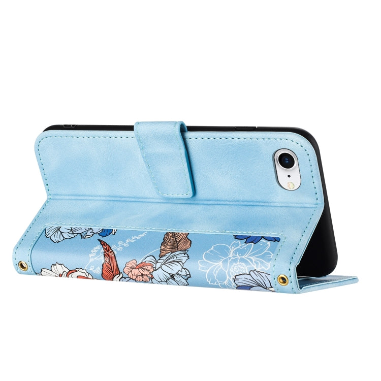 For iPhone 16e Floral Pattern Leather Phone Case with Lanyard(Light Blue) - iPhone 16e Cases by PMC TechLife | Online Shopping South Africa | PMC TechLife | Buy Now Pay Later Mobicred