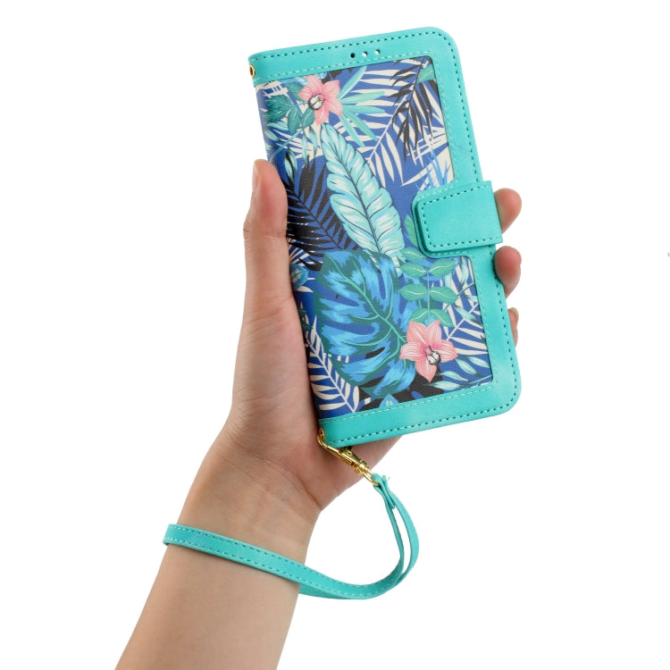 For iPhone 16e Floral Pattern Leather Phone Case with Lanyard(Green) - iPhone 16e Cases by PMC TechLife | Online Shopping South Africa | PMC TechLife | Buy Now Pay Later Mobicred
