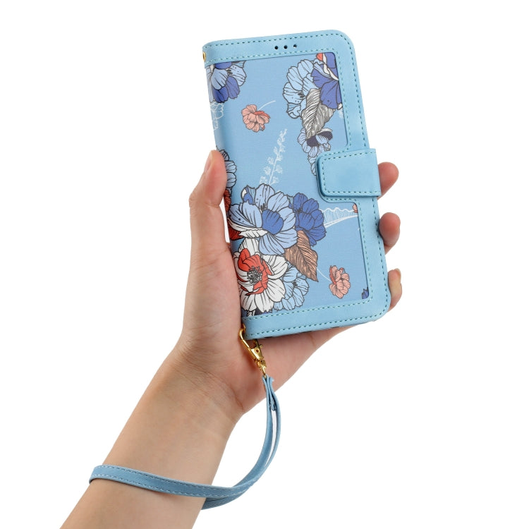 For Samsung Galaxy S25 Ultra 5G Floral Pattern Leather Phone Case with Lanyard(Light Blue) - Galaxy S25 Ultra 5G Cases by PMC Jewellery | Online Shopping South Africa | PMC Jewellery | Buy Now Pay Later Mobicred