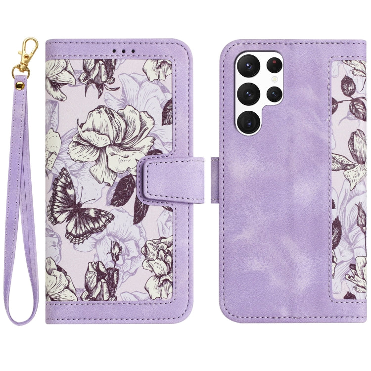 For Samsung Galaxy S25 Ultra 5G Floral Pattern Leather Phone Case with Lanyard(Light Purple) - Galaxy S25 Ultra 5G Cases by PMC Jewellery | Online Shopping South Africa | PMC Jewellery | Buy Now Pay Later Mobicred