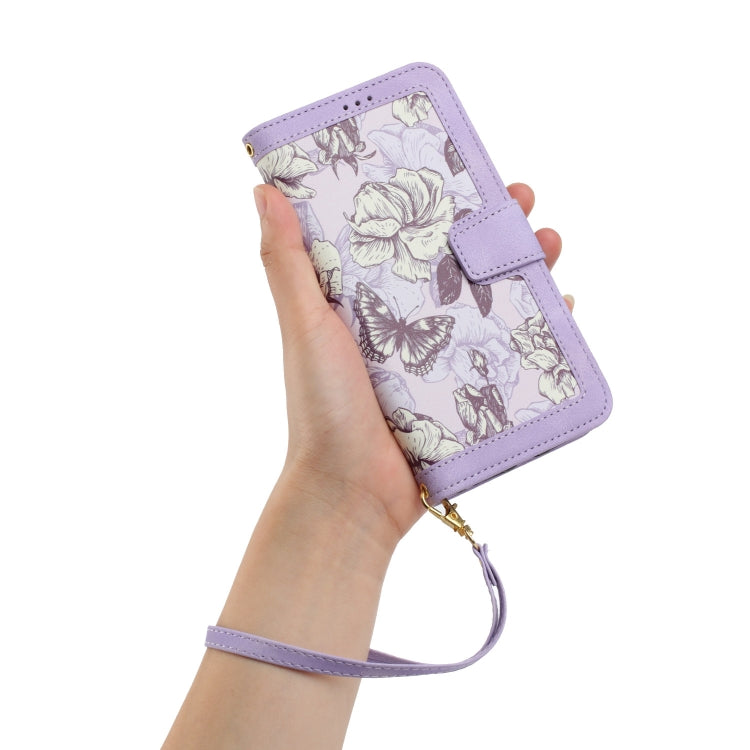 For Samsung Galaxy S25 Ultra 5G Floral Pattern Leather Phone Case with Lanyard(Light Purple) - Galaxy S25 Ultra 5G Cases by PMC Jewellery | Online Shopping South Africa | PMC Jewellery | Buy Now Pay Later Mobicred