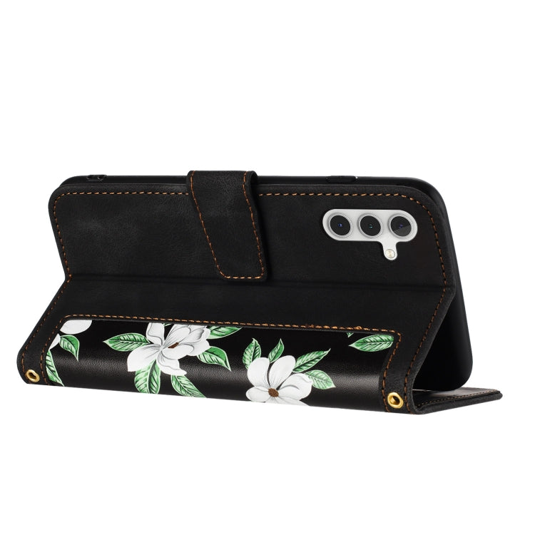 For Samsung Galaxy S25+ 5G Floral Pattern Leather Phone Case with Lanyard(Black) - Galaxy S25+ 5G Cases by PMC Jewellery | Online Shopping South Africa | PMC Jewellery | Buy Now Pay Later Mobicred