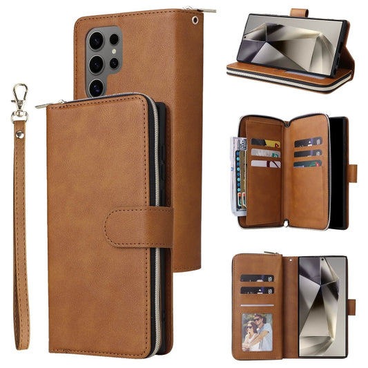 For Samsung Galaxy S25 Ultra 5G 9-Card Slots Zipper Wallet Bag Leather Phone Case(Brown) - Galaxy S25 Ultra 5G Cases by PMC Jewellery | Online Shopping South Africa | PMC Jewellery | Buy Now Pay Later Mobicred