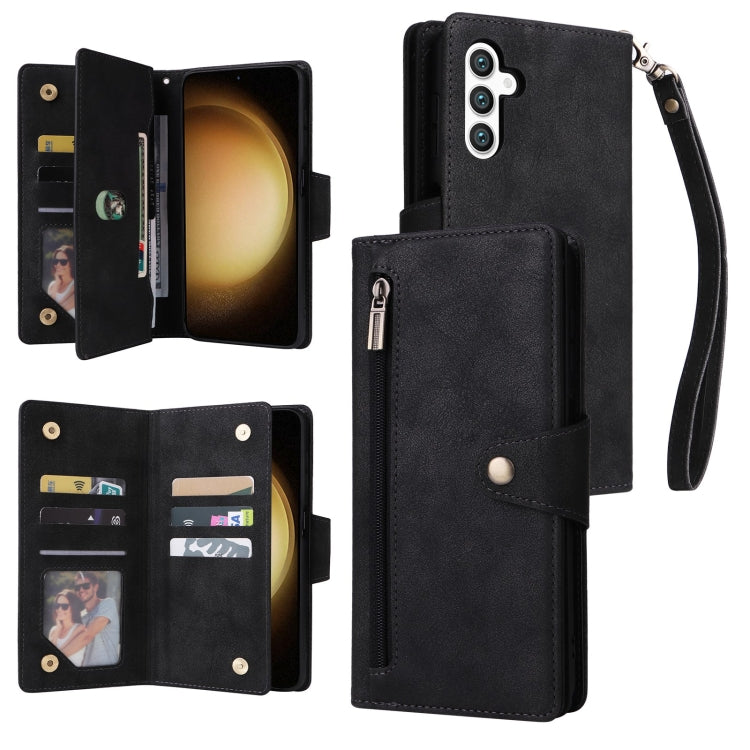 For Samsung Galaxy S25+ 5G Rivet Buckle 9 Cards Three Fold Leather Phone Case(Black) - Galaxy S25+ 5G Cases by PMC Jewellery | Online Shopping South Africa | PMC Jewellery | Buy Now Pay Later Mobicred