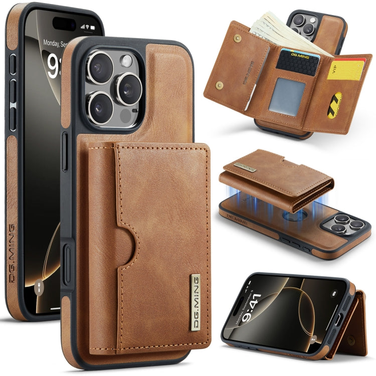 For iPhone 16 Pro DG.MING M6 Series RFID Tri-fold Card Bag Removable Leather Phone Case(Brown) - iPhone 16 Pro Cases by DG.MING | Online Shopping South Africa | PMC Jewellery | Buy Now Pay Later Mobicred