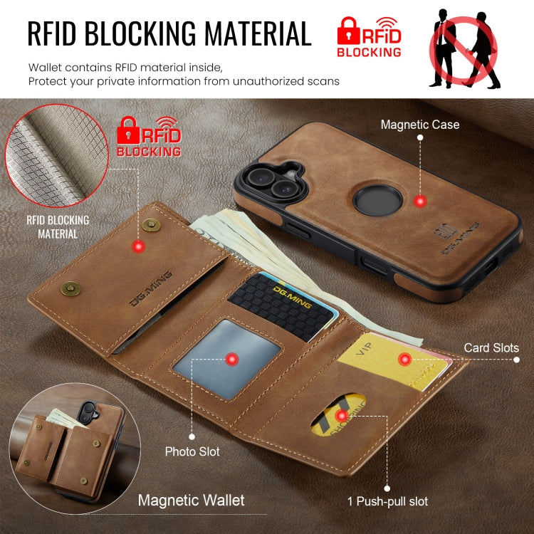 For iPhone 16 DG.MING M6 Series RFID Tri-fold Card Bag Removable Leather Phone Case(Brown) - iPhone 16 Cases by DG.MING | Online Shopping South Africa | PMC Jewellery | Buy Now Pay Later Mobicred