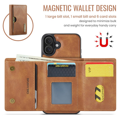 For iPhone 16 DG.MING M6 Series RFID Tri-fold Card Bag Removable Leather Phone Case(Brown) - iPhone 16 Cases by DG.MING | Online Shopping South Africa | PMC Jewellery | Buy Now Pay Later Mobicred