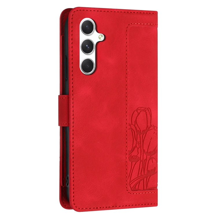 For Samsung Galaxy S25 5G Tulips Embossed Leather Phone Case with Lanyard(Red) - Galaxy S25 5G Cases by PMC Jewellery | Online Shopping South Africa | PMC Jewellery | Buy Now Pay Later Mobicred