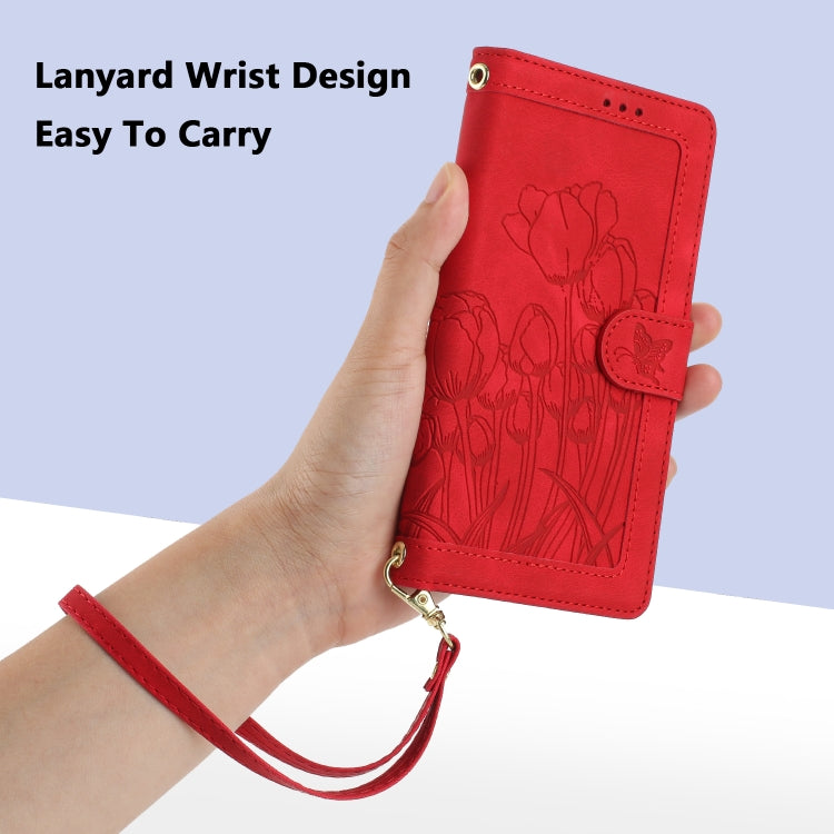 For Samsung Galaxy S25 5G Tulips Embossed Leather Phone Case with Lanyard(Red) - Galaxy S25 5G Cases by PMC Jewellery | Online Shopping South Africa | PMC Jewellery | Buy Now Pay Later Mobicred