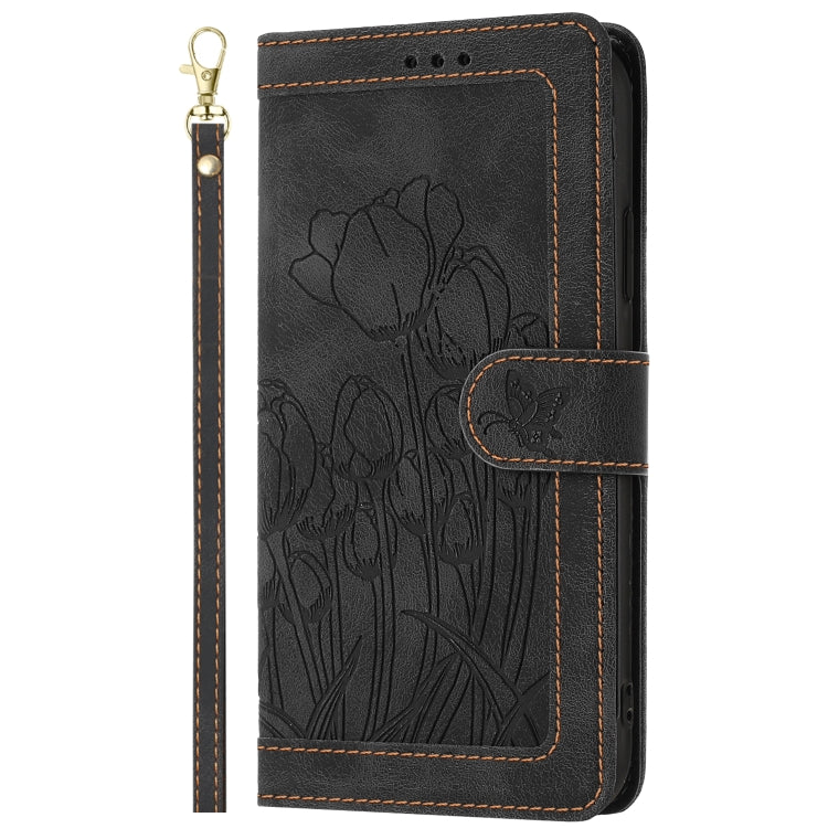 For Samsung Galaxy S25 5G Tulips Embossed Leather Phone Case with Lanyard(Black) - Galaxy S25 5G Cases by PMC Jewellery | Online Shopping South Africa | PMC Jewellery | Buy Now Pay Later Mobicred
