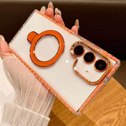 For Samsung Galaxy S25 5G Transparent MagSafe Holder Phone Case with Lens Film(Orange) - Galaxy S25 5G Cases by PMC Jewellery | Online Shopping South Africa | PMC Jewellery | Buy Now Pay Later Mobicred