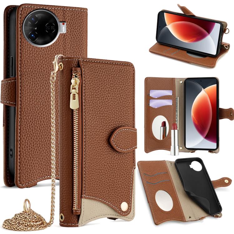 For Tecno Camon 30 Pro Crossbody Chain Fishtail Litchi Leather Phone Case(Brown) - Tecno Cases by PMC TechLife | Online Shopping South Africa | PMC TechLife | Buy Now Pay Later Mobicred