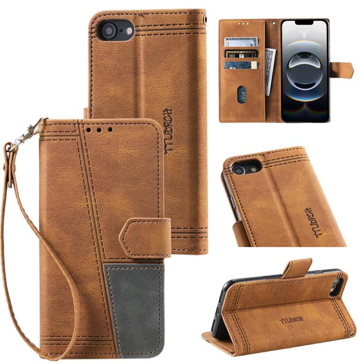 For iPhone 16e TTUDRCH Embossed Line Splicing Leather Phone Case(Brown) - iPhone 16e Cases by PMC TechLife | Online Shopping South Africa | PMC TechLife | Buy Now Pay Later Mobicred