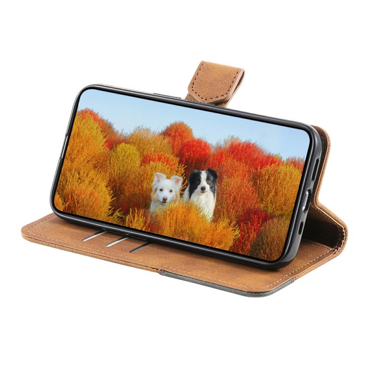 For iPhone 16e TTUDRCH Embossed Line Splicing Leather Phone Case(Brown) - iPhone 16e Cases by PMC TechLife | Online Shopping South Africa | PMC TechLife | Buy Now Pay Later Mobicred