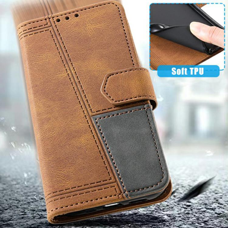 For iPhone 16e TTUDRCH Embossed Line Splicing Leather Phone Case(Brown) - iPhone 16e Cases by PMC TechLife | Online Shopping South Africa | PMC TechLife | Buy Now Pay Later Mobicred