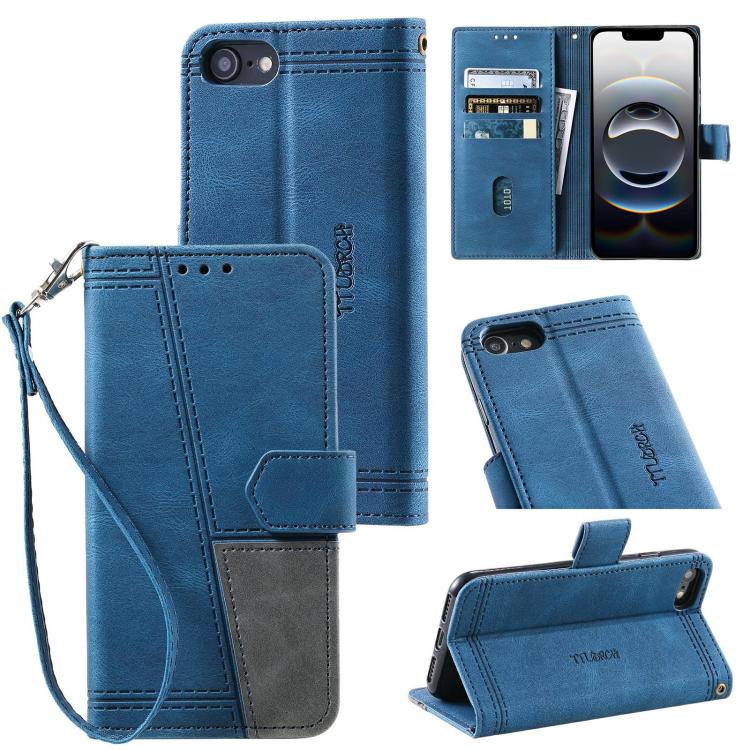 For iPhone 16e TTUDRCH Embossed Line Splicing Leather Phone Case(Blue) - iPhone 16e Cases by PMC TechLife | Online Shopping South Africa | PMC TechLife | Buy Now Pay Later Mobicred