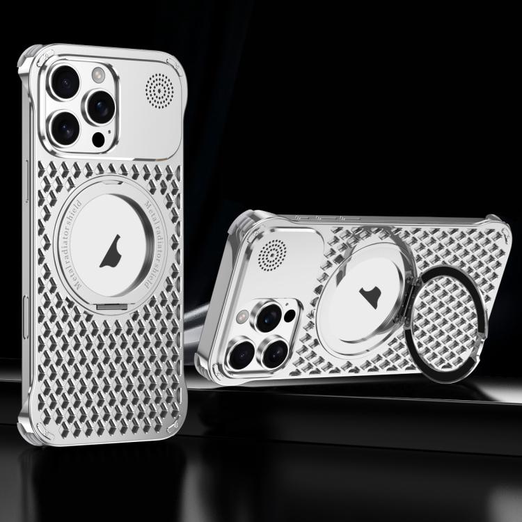For iPhone 15 Pro Max R-JUST RJ-64 Aromatherapy Heat Dissipation MagSafe Phone Case with Stand(Silver) - free shipping - PMc TechLife - Order now!