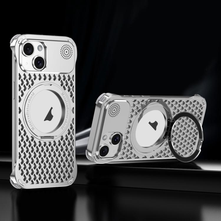 For iPhone 14 R-JUST RJ-64 Aromatherapy Heat Dissipation MagSafe Phone Case with Stand(Silver) - free shipping - PMc TechLife - Order now!