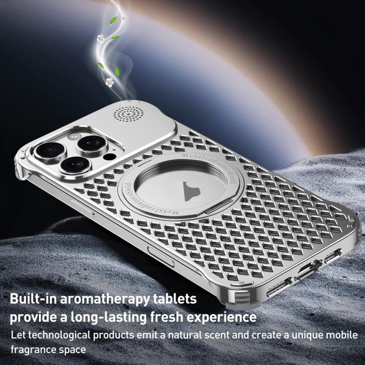 For iPhone 15 R-JUST RJ-64 Aromatherapy Heat Dissipation MagSafe Phone Case with Stand(Silver) - free shipping - PMc TechLife - Order now!