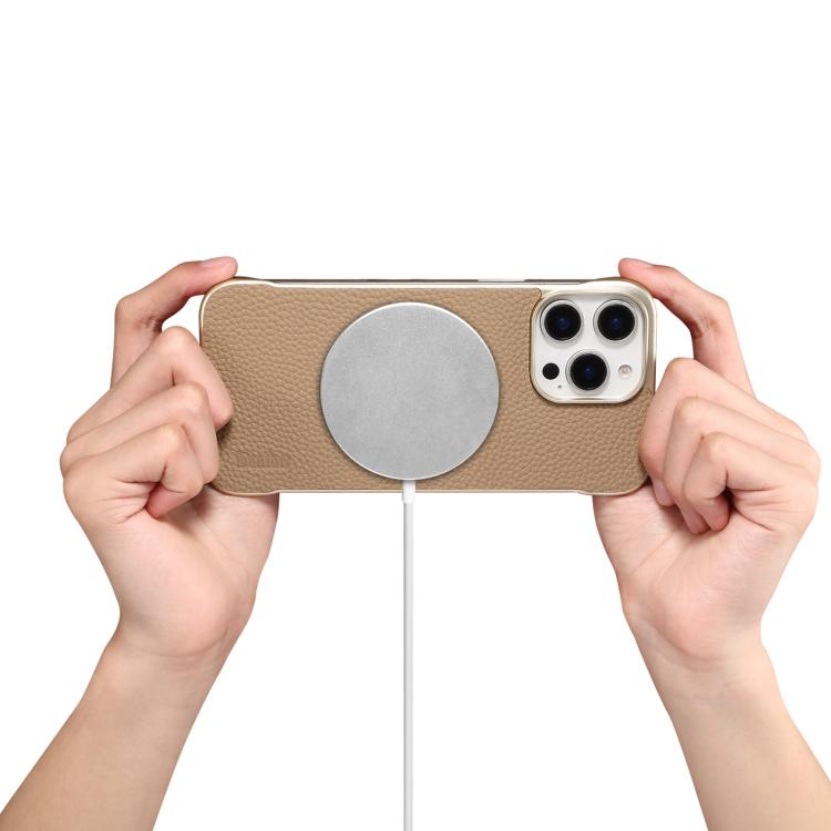 For iPhone 15 Pro Denior A20 Genuine Leather Litchi Texture MagSafe Frameless Phone Case(Khaki) - free shipping - PMc TechLife - Order now!