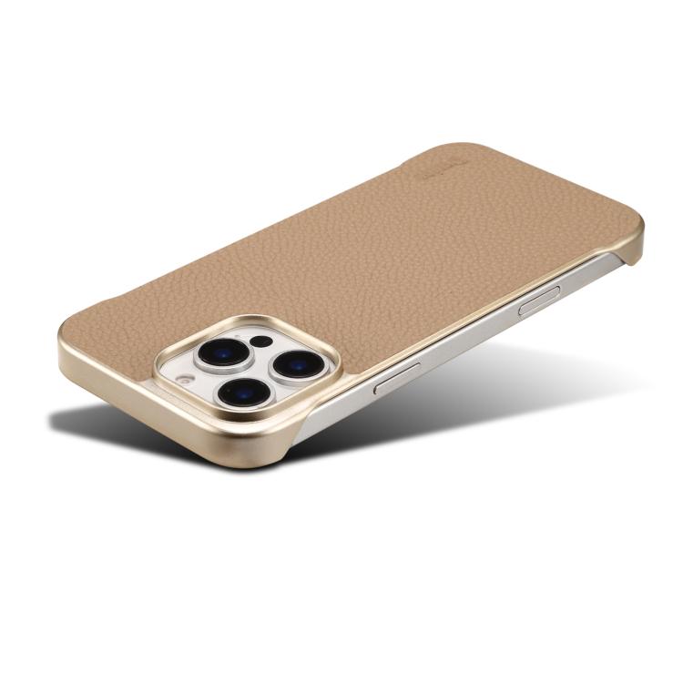 For iPhone 15 Pro Max Denior A20 Genuine Leather Litchi Texture MagSafe Frameless Phone Case(Khaki) - free shipping - PMc TechLife - Order now!