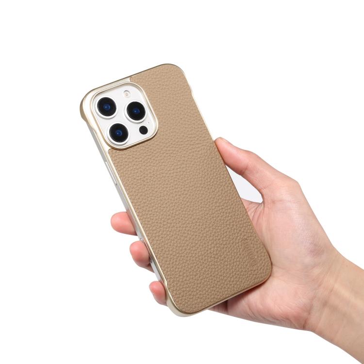 For iPhone 15 Pro Max Denior A20 Genuine Leather Litchi Texture MagSafe Frameless Phone Case(Khaki) - free shipping - PMc TechLife - Order now!