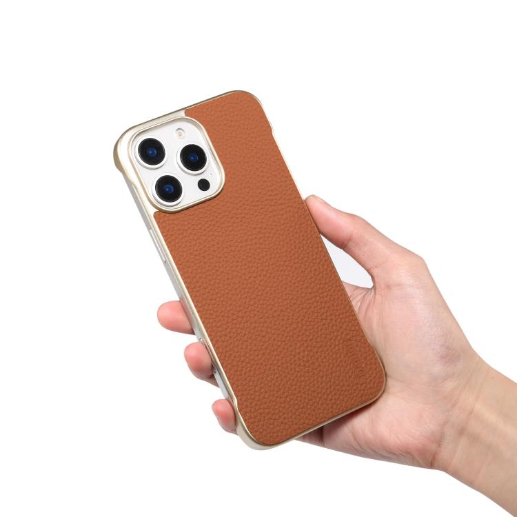 For iPhone 16 Pro Max Denior A20 Genuine Leather Litchi Texture MagSafe Frameless Phone Case(Brown) - free shipping - PMc TechLife - Order now!