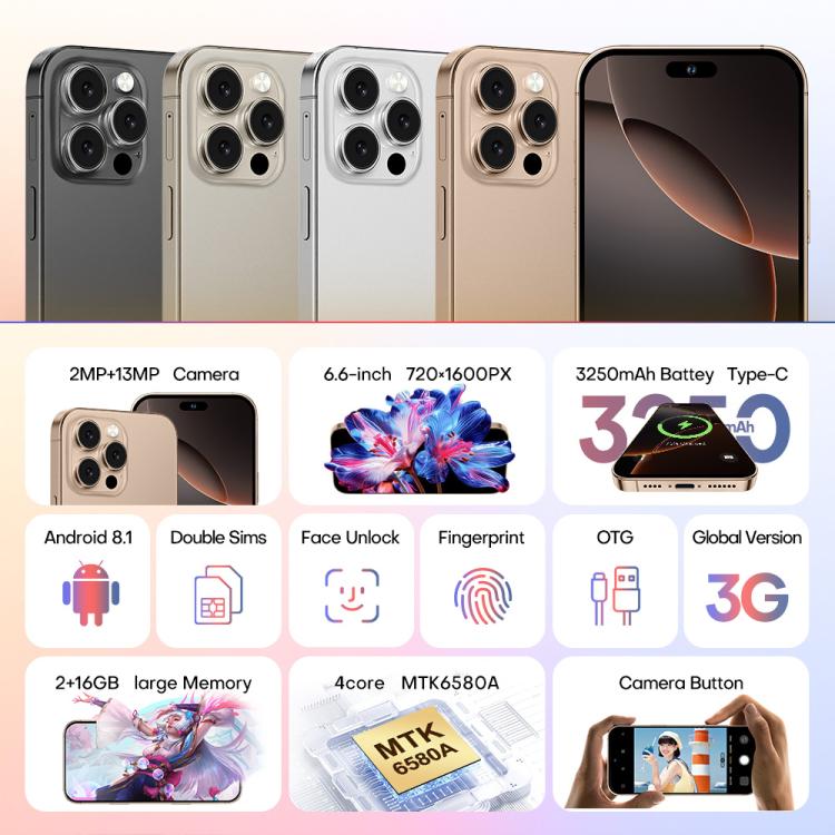 A88 / i16 Pro Max, 2GB+16GB, 6.6 inch Android 8.1 MTK6580A Quad Core, OTG, Network: 3G, Dual SIM, Plug:US Plug(Titanium White) - free shipping - PMc TechLife - Order now!