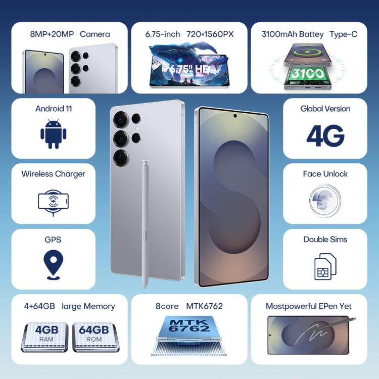 F102 / S25 Ultra, 4GB+64GB, 6.75 inch Android 11 MTK6762 Octa Core, Network: 4G, Dual SIM, Support Wireless Charging, Plug:UK Plug(Titanium Grey) - free shipping - PMc TechLife - Order now!