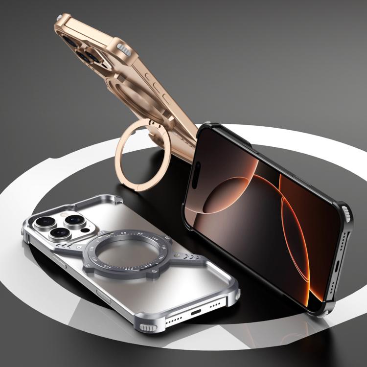 For iPhone 15 Pro S Shaped 360 Holder Airbag Frameless MagSafe Metal Phone Case(Space Gray) - free shipping - PMC TechLife - Order now!