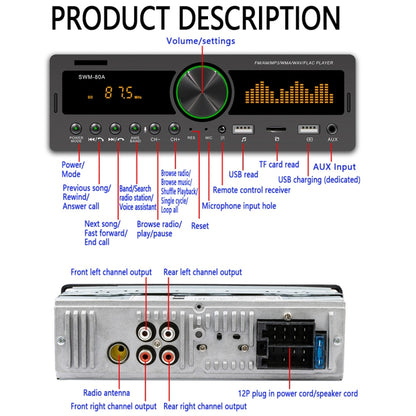 SWM-80A DC12V Car MP3 Support FM / AM & Bluetooth & Mobile Phone Voice Assistant - Car MP3 & MP4 & MP5 by PMC Jewellery | Online Shopping South Africa | PMC Jewellery | Buy Now Pay Later Mobicred