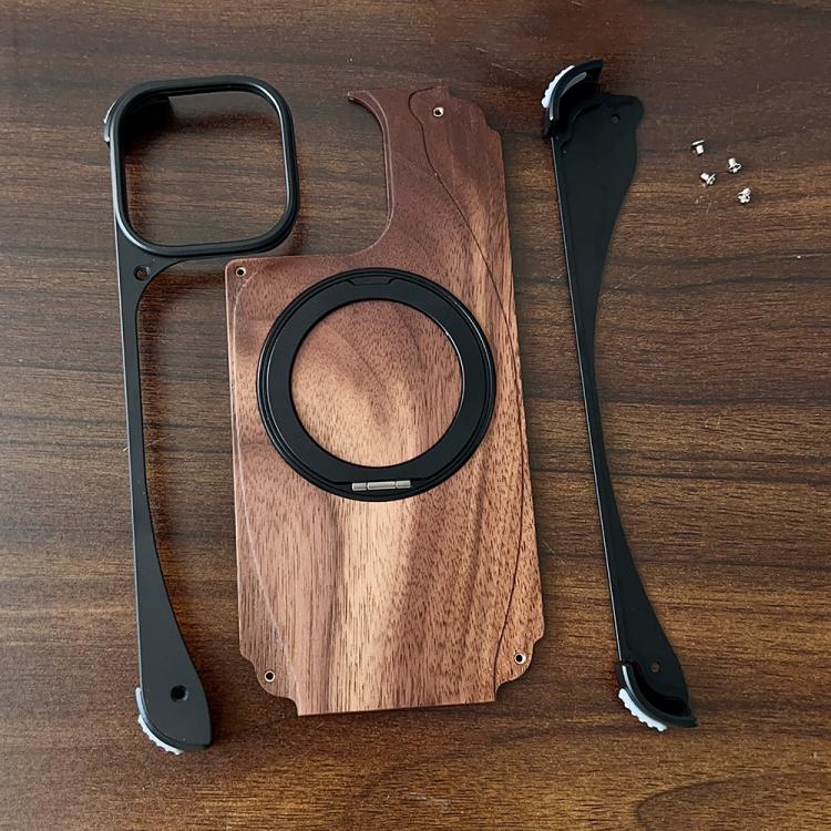 For iPhone 15 Pro Walnut Metal Frameless 360 Degree Rotation Holder MagSafe Phone Case(Black) - free shipping - PMC TechLife - Order now!