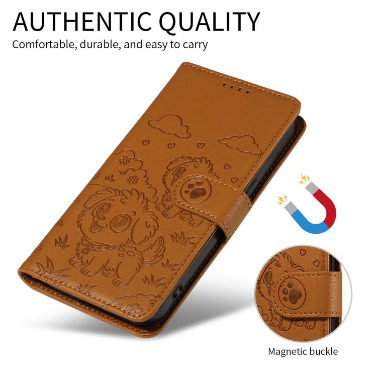 For Motorola Moto G04 / G24 / E14 Embossed Heart Dog RFID Blocking Wallet Leather Phone Case(Brown) - free shipping - PMC TechLife - Order now!