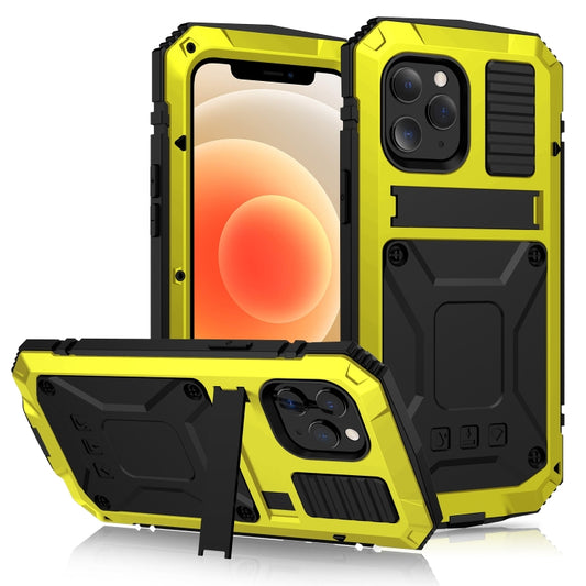 For iPhone 12 mini R-JUST Shockproof Waterproof Dust-proof Metal + Silicone Protective Case with Holder (Yellow) - iPhone 12 mini Cases by R-JUST | Online Shopping South Africa | PMC Jewellery | Buy Now Pay Later Mobicred