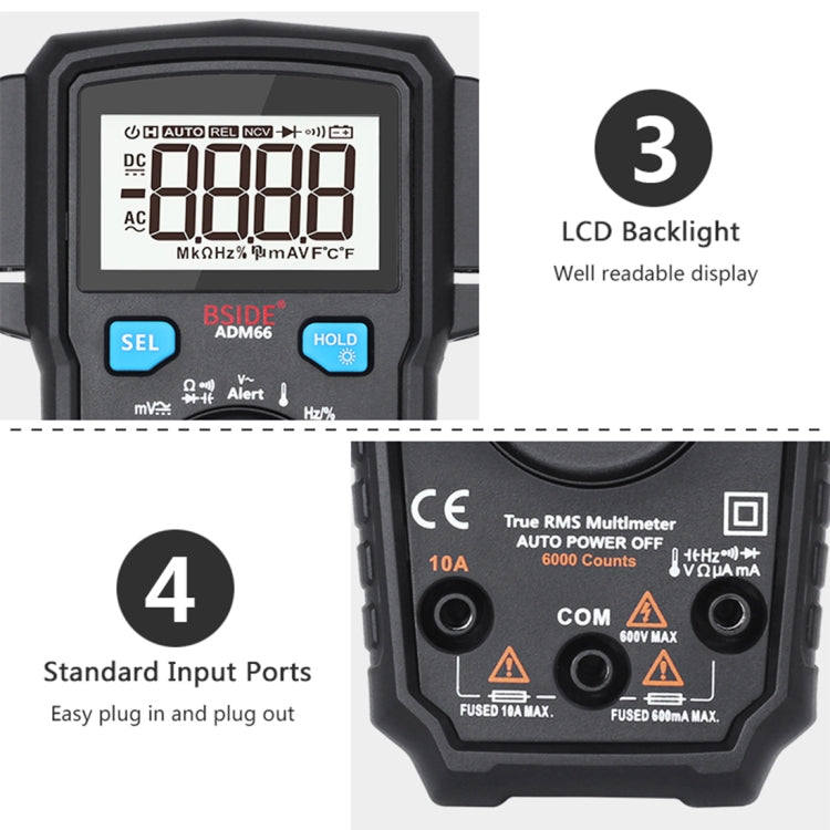 BSIDE ADM66 Handheld Household 6000 Count AC / DC Current Voltage Capacitor Automatic Range Multimeter with LCD Backlight & Card Slot Function - Digital Multimeter by BSIDE | Online Shopping South Africa | PMC Jewellery | Buy Now Pay Later Mobicred