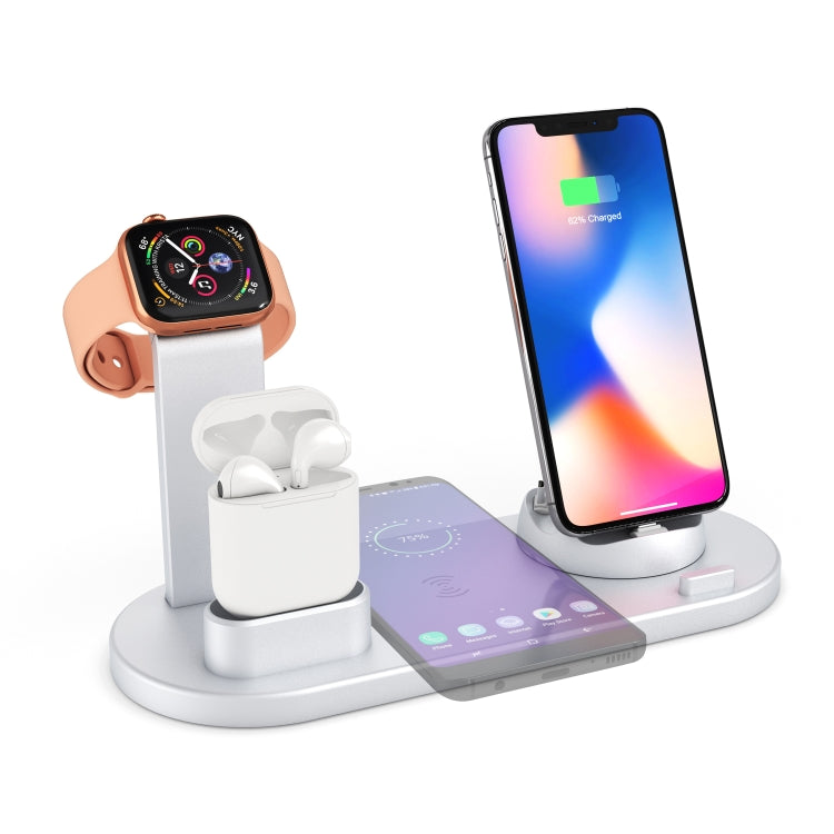 HQ-UD15 5 in 1 8 Pin + Micro USB + USB-C / Type-C Interfaces + 8 Pin Earphone Charging Interface + Wireless Charging Charger Base with Watch Stand(Silver) - Multifunction Charger by PMC Jewellery | Online Shopping South Africa | PMC Jewellery | Buy Now Pay Later Mobicred